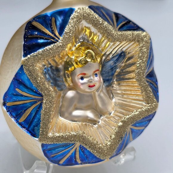 Inge Glas Round Indented Angel German Glass Christmas Ornament 3.5" - Picture 2 of 7